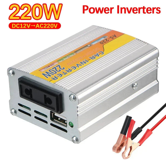 220W Car Power Inverter – DC 12V to AC 220V Converter with USB & Battery Clip