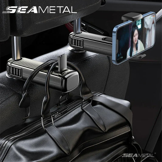 SEAMETAL 2-in-1 Car Seat Back Hook with Phone Holder – Stable Headrest Hanging Hook
