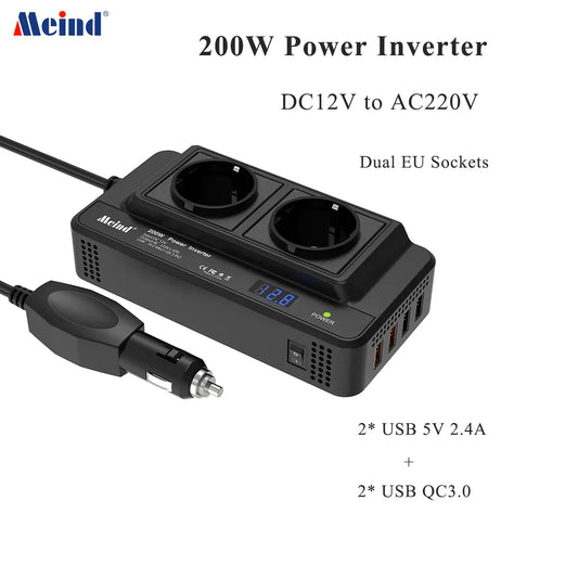 Meind 200W Car Power Inverter – 12V to 220V Converter for Vehicles