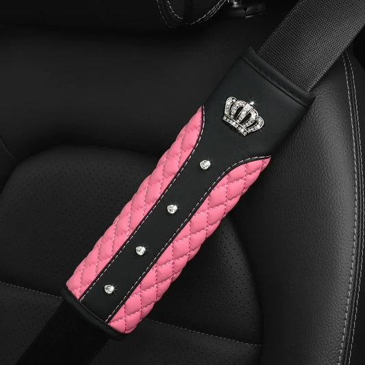 Diamond-Encrusted Bling Crown Seat Belt Shoulder Strap – Faux Sheepskin Comfort Safety Belt Cover Car Accessory